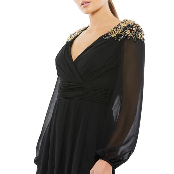NEW Ieena For Mac Duggal Black Embellished Bead Shoulder Blouson Sleeve Gown - Picture 2 of 14